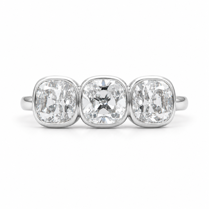 2.00 CT Old European Cushion Cut Lab-Grown Diamond Three-Stone Engagement Ring in 14K White Gold â€“ Handmade Vintage Wedding Design from Diamond Studio