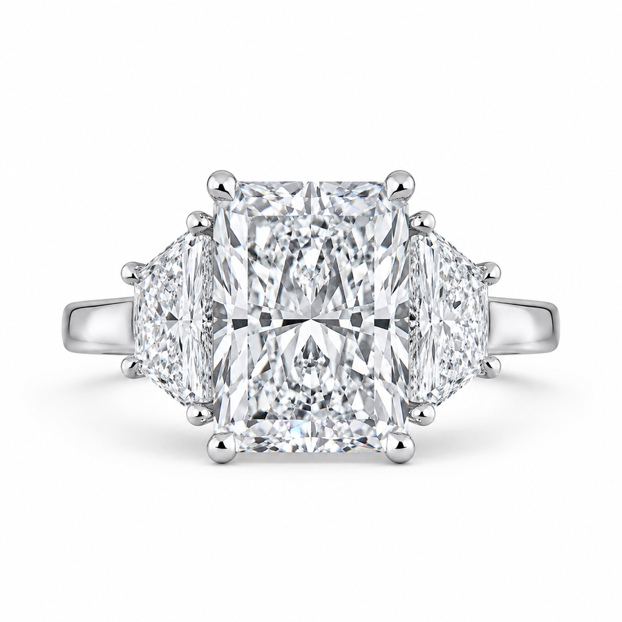 4.20 CT Radiant Lab-Grown Diamond Three-Stone Engagement Ring in 14K White Gold – Luxury Proposal Design