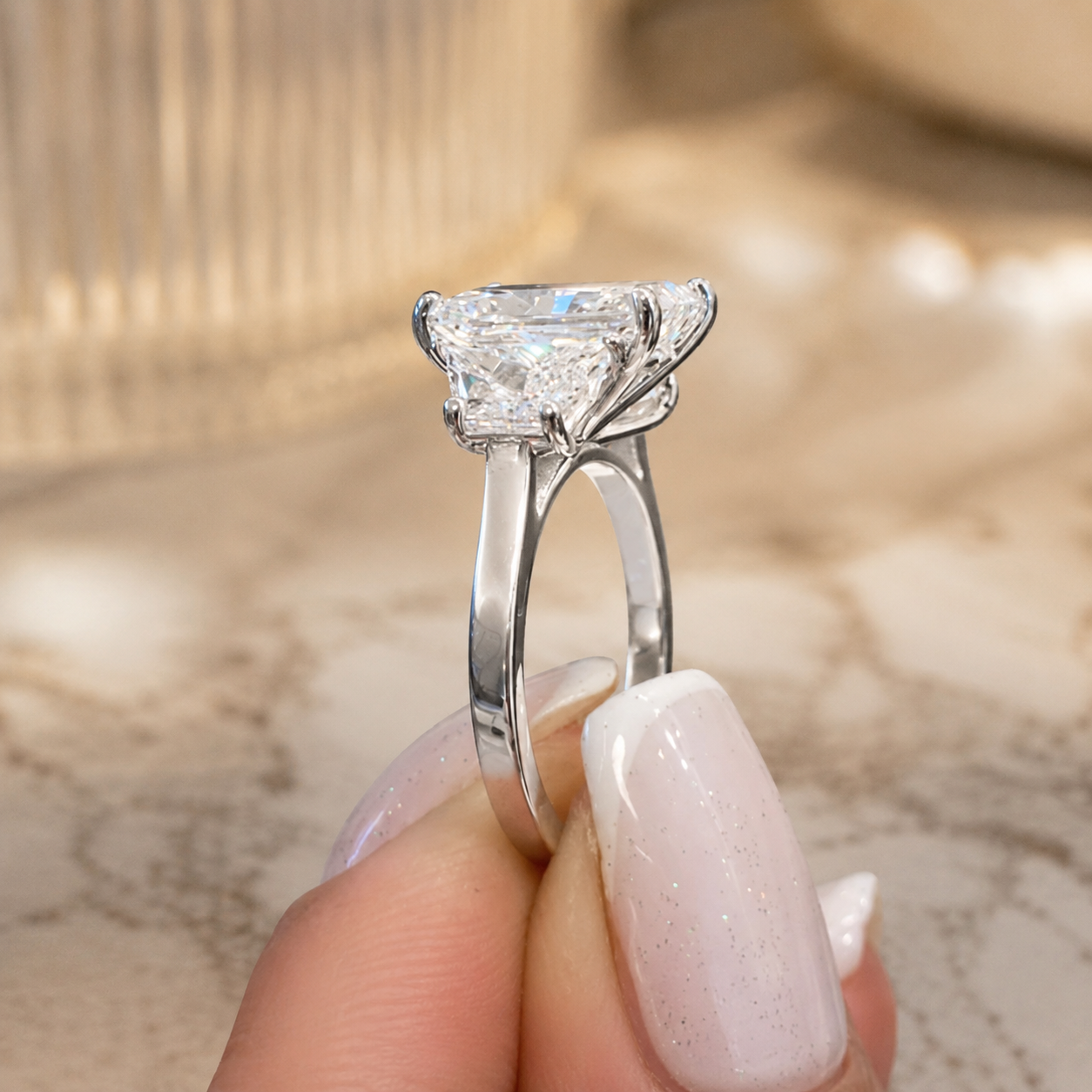 4.20 CT Radiant Lab-Grown Diamond Three-Stone Engagement Ring in 14K White Gold – Luxury Proposal Design