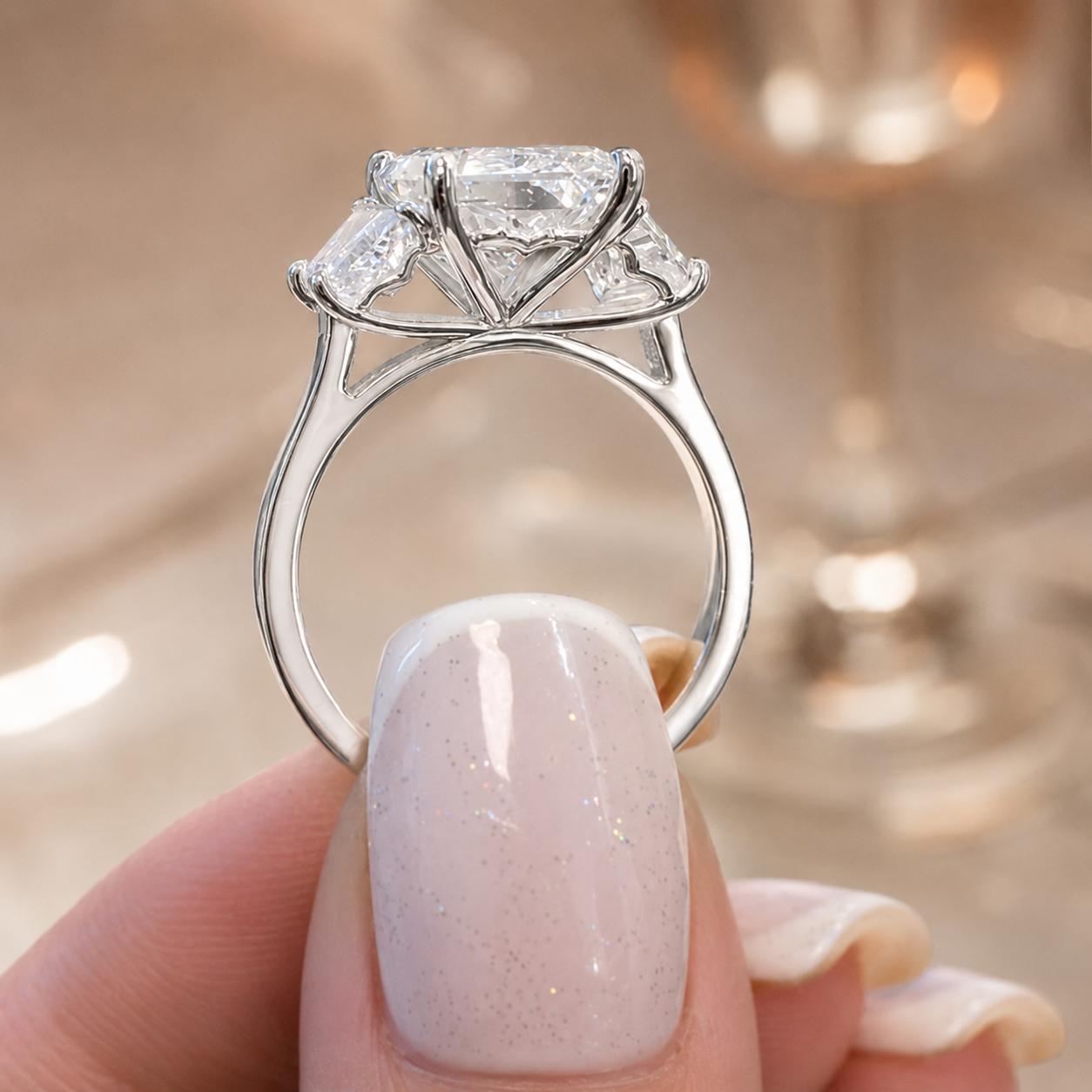 4.20 CT Radiant Lab-Grown Diamond Three-Stone Engagement Ring in 14K White Gold – Luxury Proposal Design
