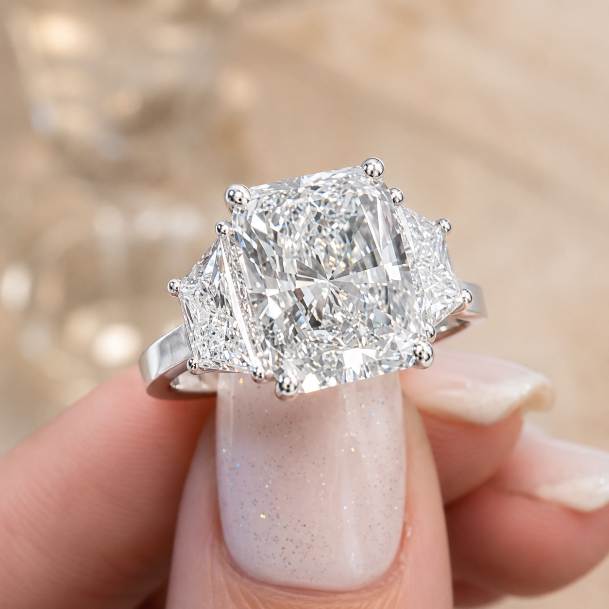 4.20 CT Radiant Lab-Grown Diamond Three-Stone Engagement Ring in 14K White Gold – Luxury Proposal Design
