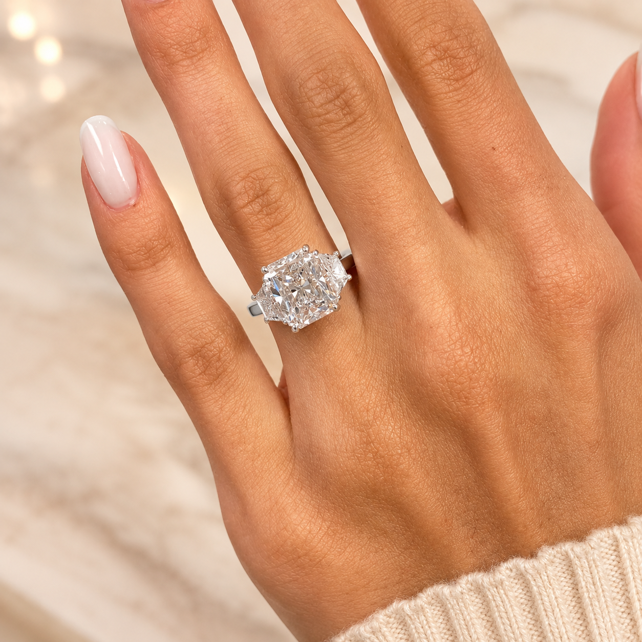 4.20 CT Radiant Lab-Grown Diamond Three-Stone Engagement Ring in 14K White Gold – Luxury Proposal Design