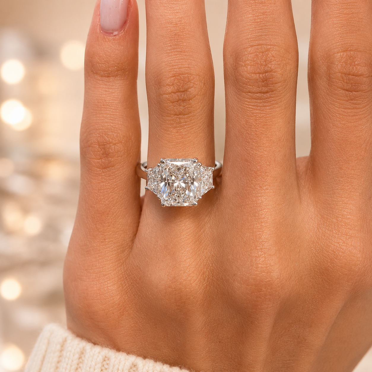 4.20 CT Radiant Lab-Grown Diamond Three-Stone Engagement Ring in 14K White Gold – Luxury Proposal Design