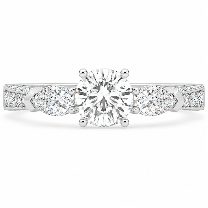 3.00 CT Round Lab-Grown Diamond Three-Stone Engagement Ring in 14K White Gold â€“ Pear Side Stone Solitaire Design from Diamond Studio