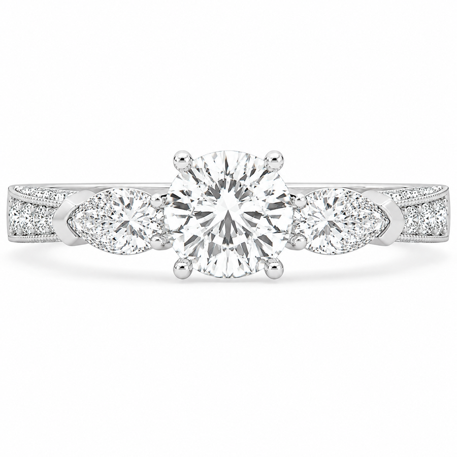 3.00 CT Round Lab-Grown Diamond Three-Stone Engagement Ring in 14K White Gold – Pear Side Stone Solitaire Design