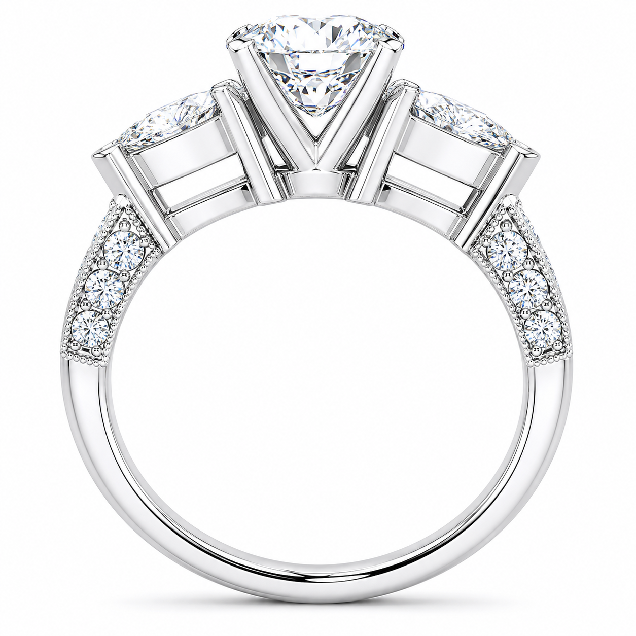 3.00 CT Round Lab-Grown Diamond Three-Stone Engagement Ring in 14K White Gold – Pear Side Stone Solitaire Design