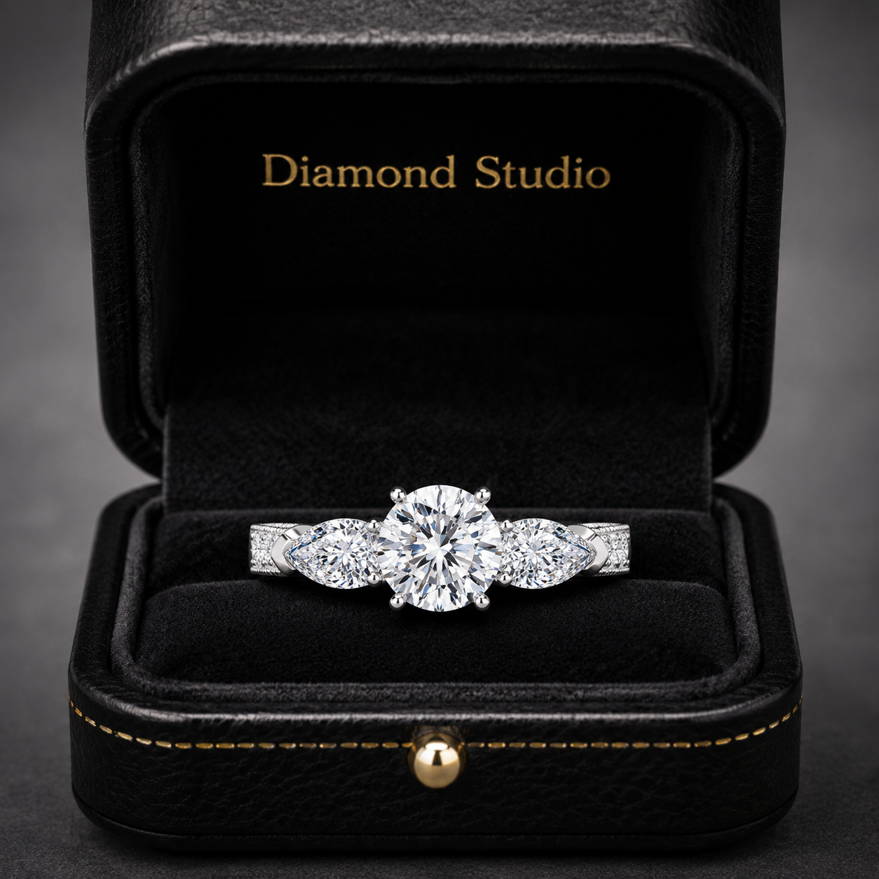 3.00 CT Round Lab-Grown Diamond Three-Stone Engagement Ring in 14K White Gold – Pear Side Stone Solitaire Design