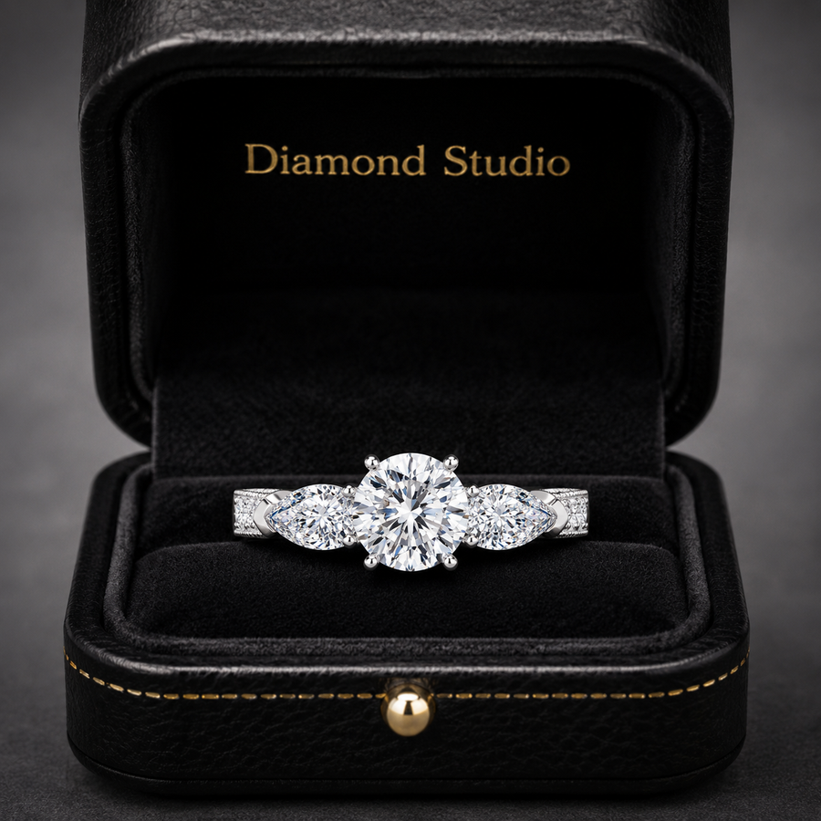 3.00 CT Round Lab-Grown Diamond Three-Stone Engagement Ring in 14K White Gold – Pear Side Stone Solitaire Design