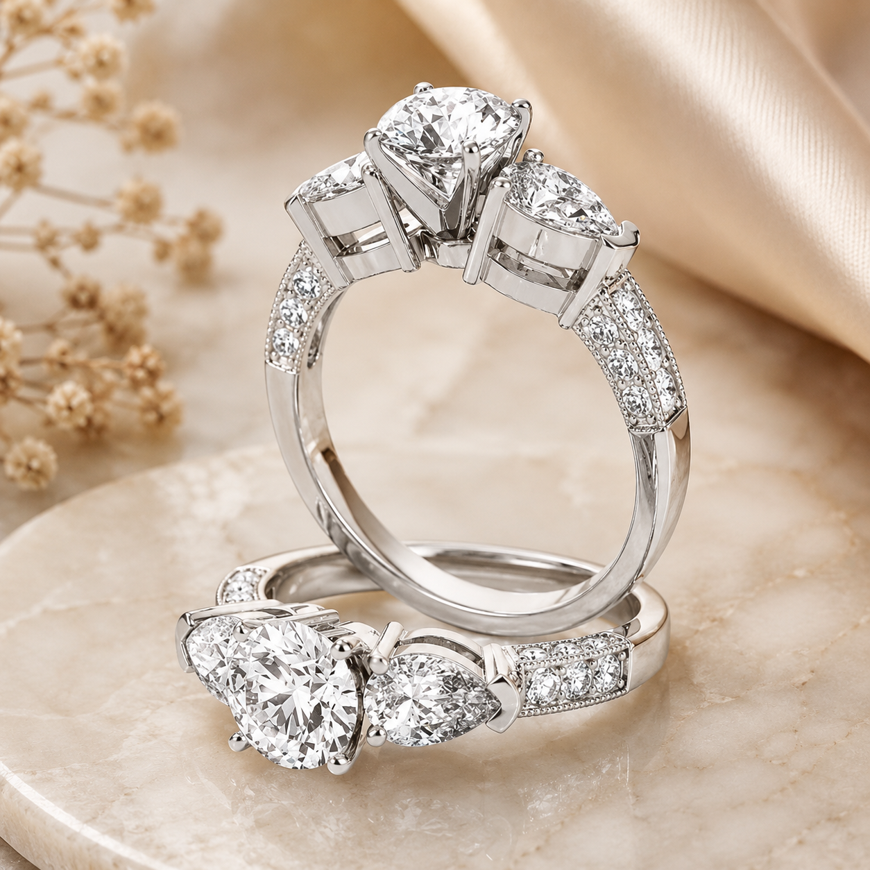 3.00 CT Round Lab-Grown Diamond Three-Stone Engagement Ring in 14K White Gold – Pear Side Stone Solitaire Design