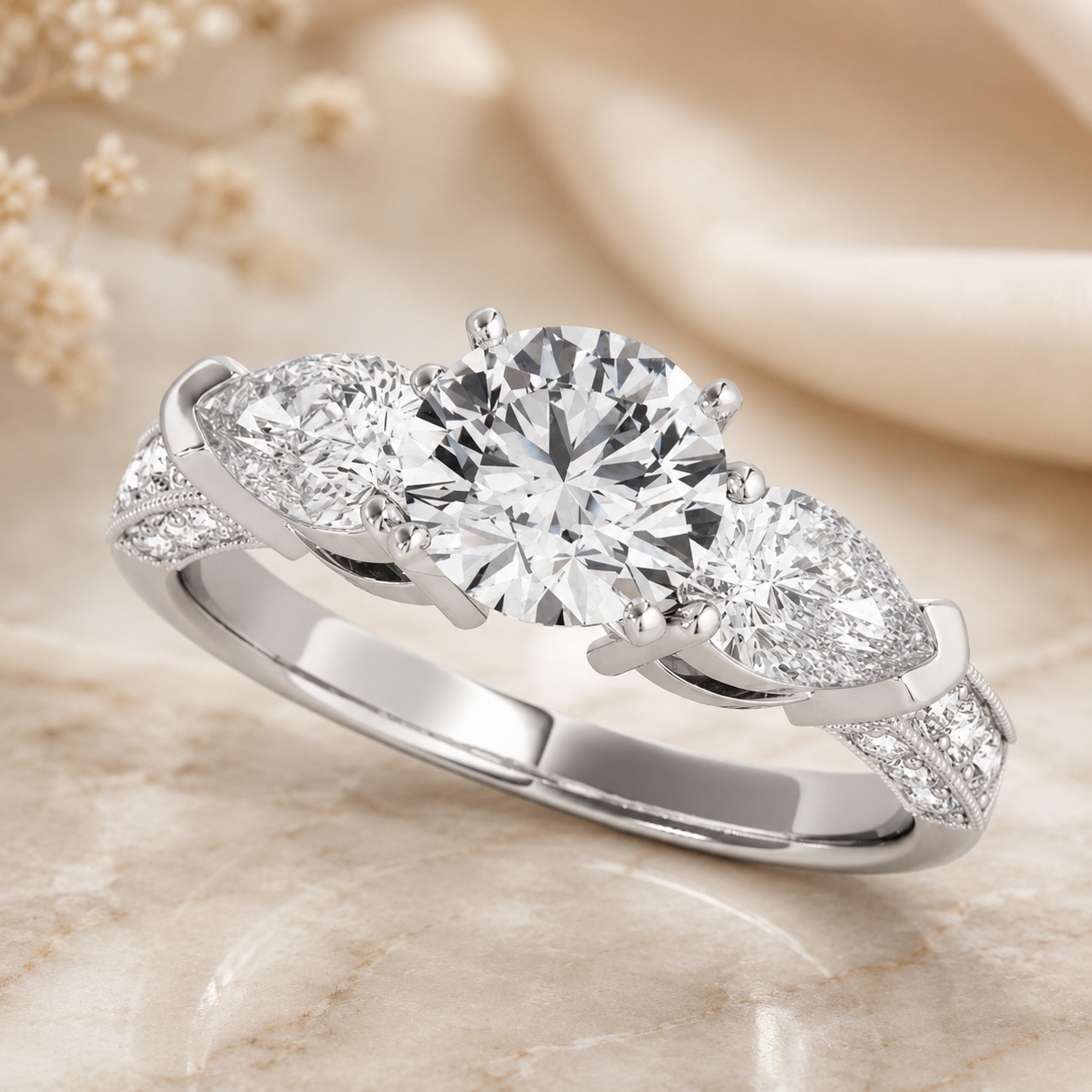 3.00 CT Round Lab-Grown Diamond Three-Stone Engagement Ring in 14K White Gold – Pear Side Stone Solitaire Design