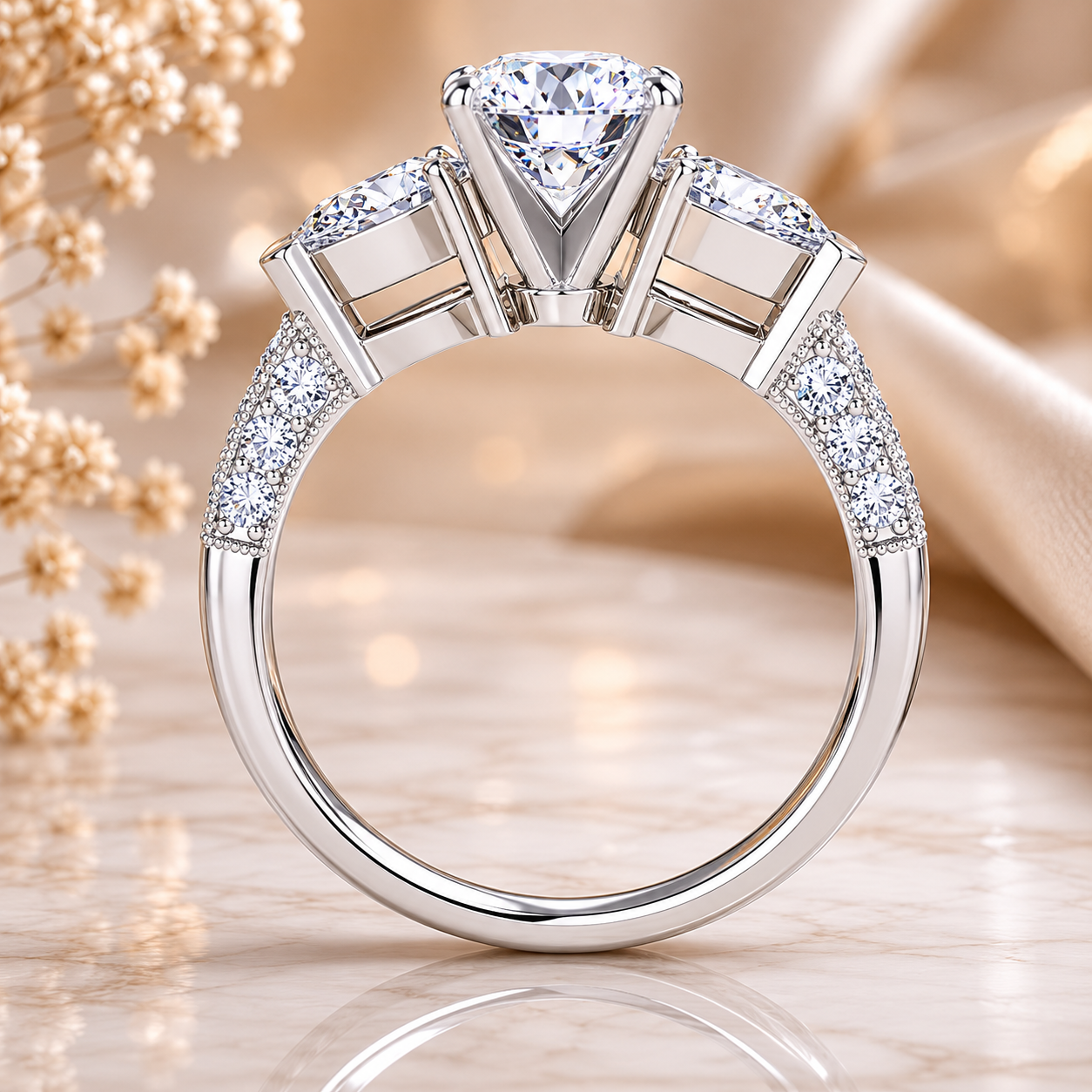3.00 CT Round Lab-Grown Diamond Three-Stone Engagement Ring in 14K White Gold – Pear Side Stone Solitaire Design