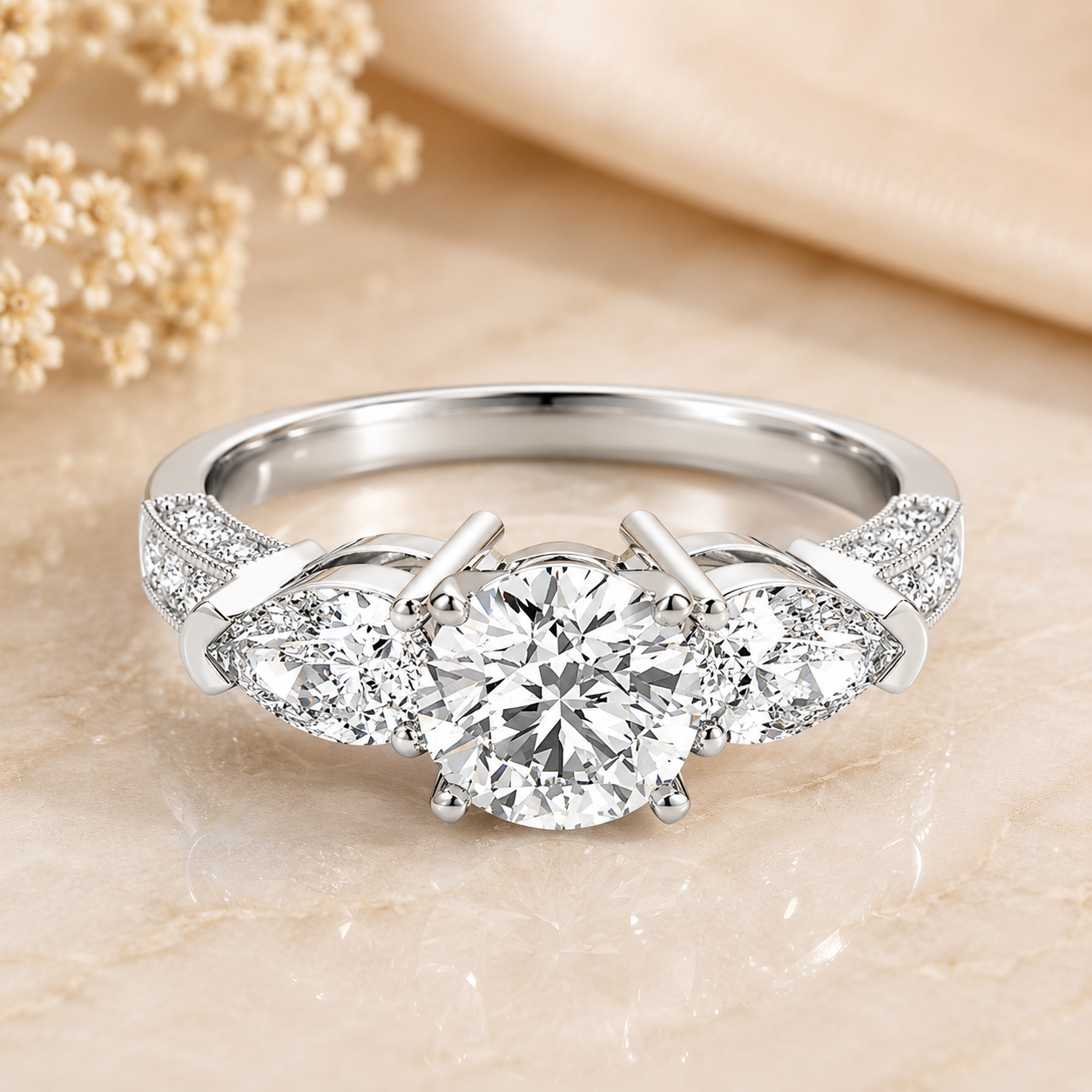 3.00 CT Round Lab-Grown Diamond Three-Stone Engagement Ring in 14K White Gold – Pear Side Stone Solitaire Design