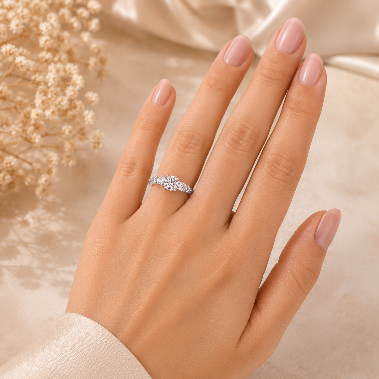 3.00 CT Round Lab-Grown Diamond Three-Stone Engagement Ring in 14K White Gold – Pear Side Stone Solitaire Design