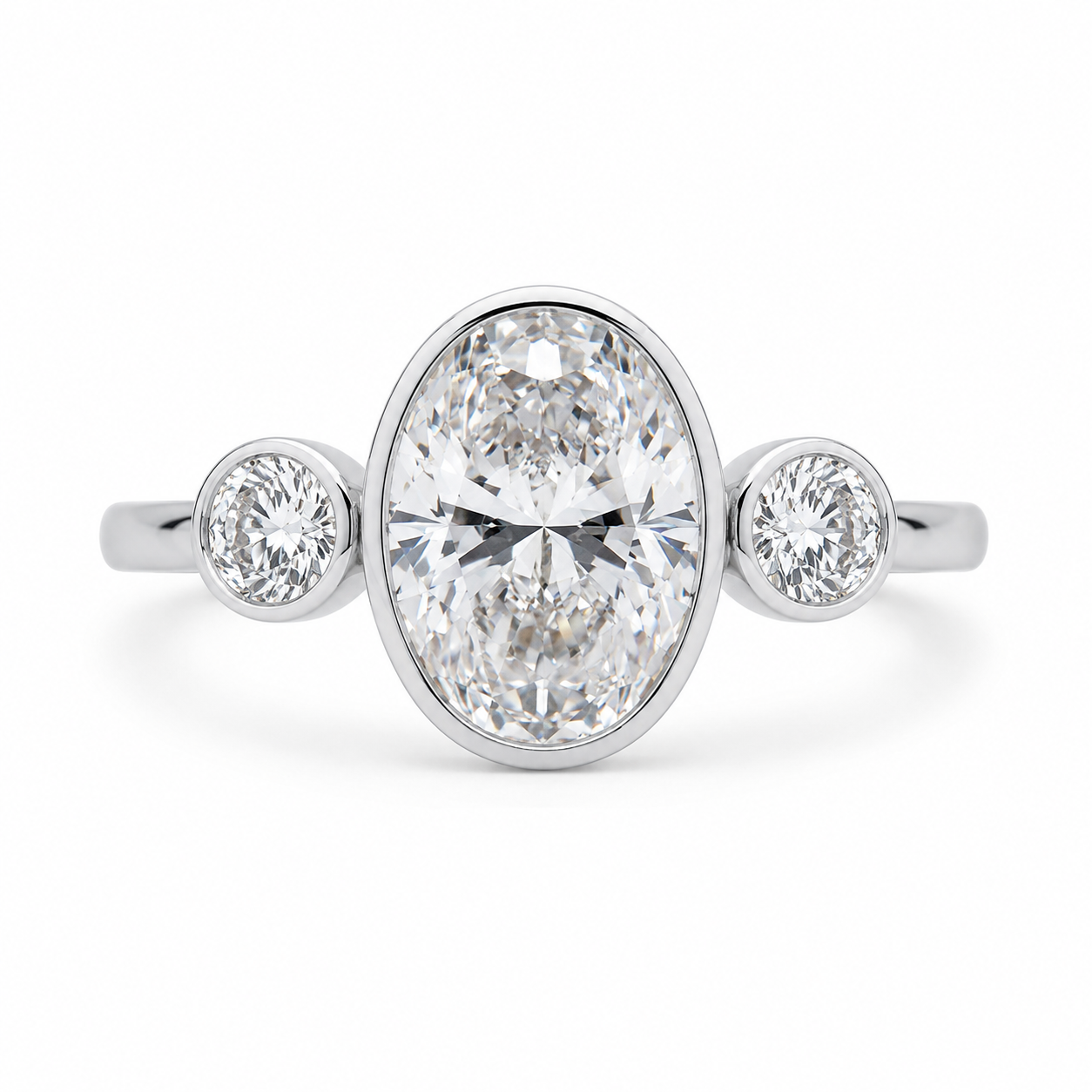 2.00 CT Oval Cut Lab-Grown Diamond Three-Stone Engagement Ring in 14K White Gold – Bezel Set Trilogy Design