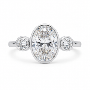 2.00 CT Oval Cut Lab-Grown Diamond Three-Stone Engagement Ring in 14K White Gold – Bezel Set Trilogy Design