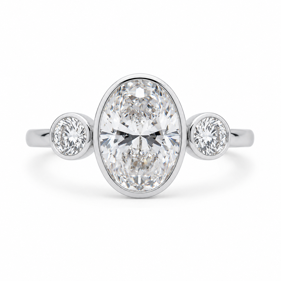 2.00 CT Oval Cut Lab-Grown Diamond Three-Stone Engagement Ring in 14K White Gold – Bezel Set Trilogy Design