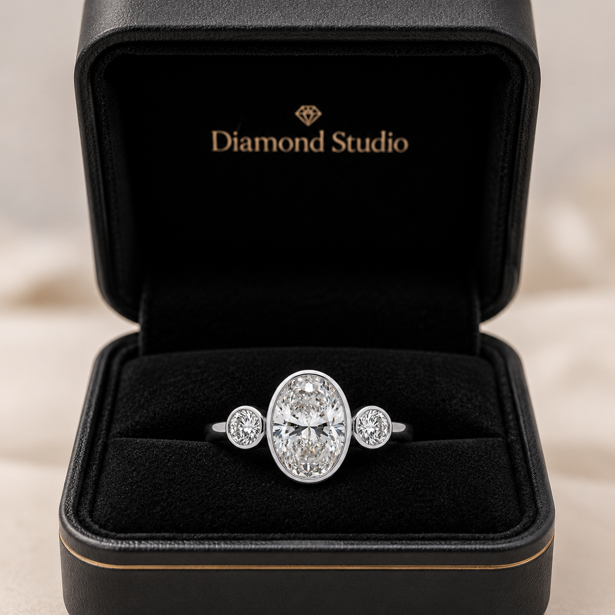 2.00 CT Oval Cut Lab-Grown Diamond Three-Stone Engagement Ring in 14K White Gold – Bezel Set Trilogy Design