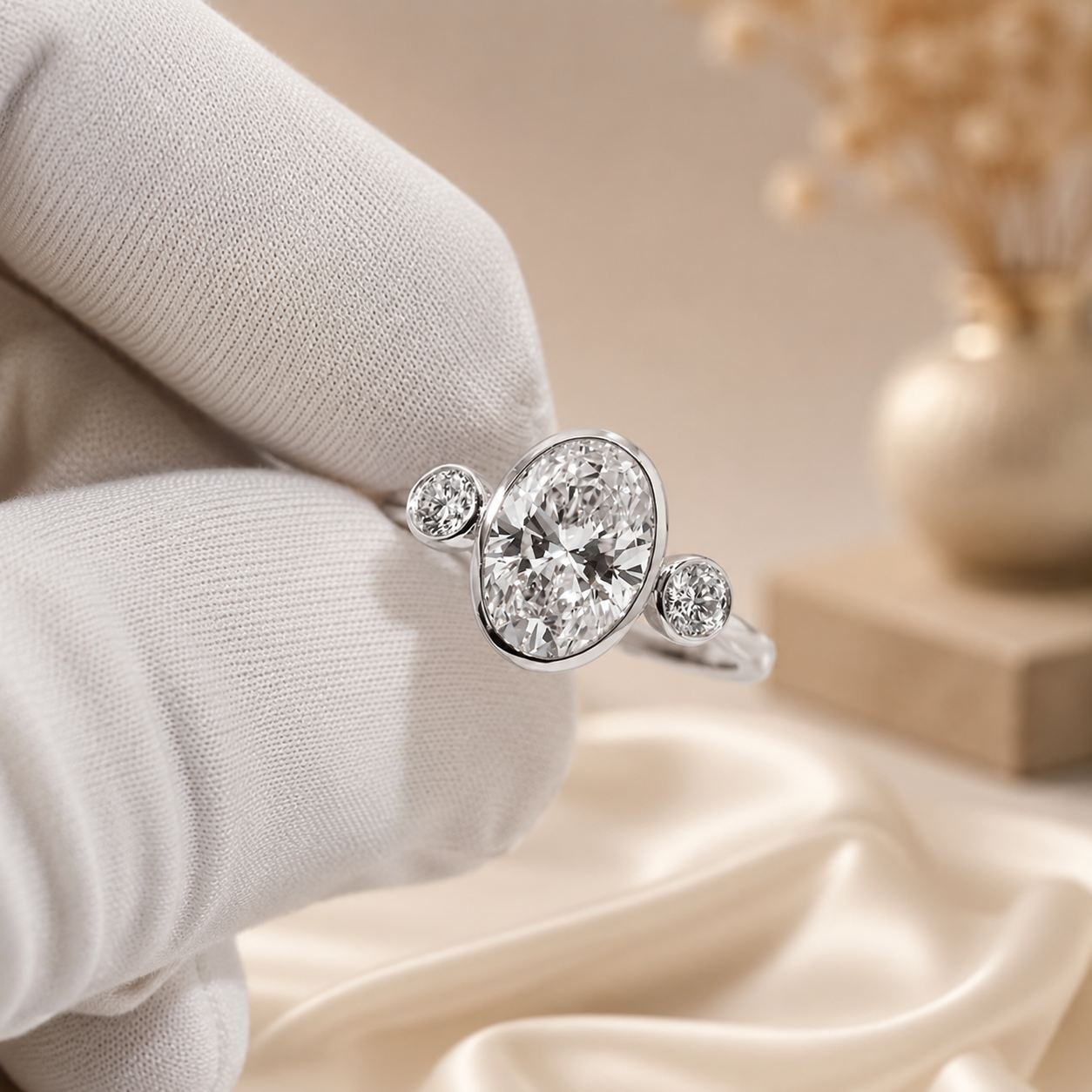 2.00 CT Oval Cut Lab-Grown Diamond Three-Stone Engagement Ring in 14K White Gold – Bezel Set Trilogy Design