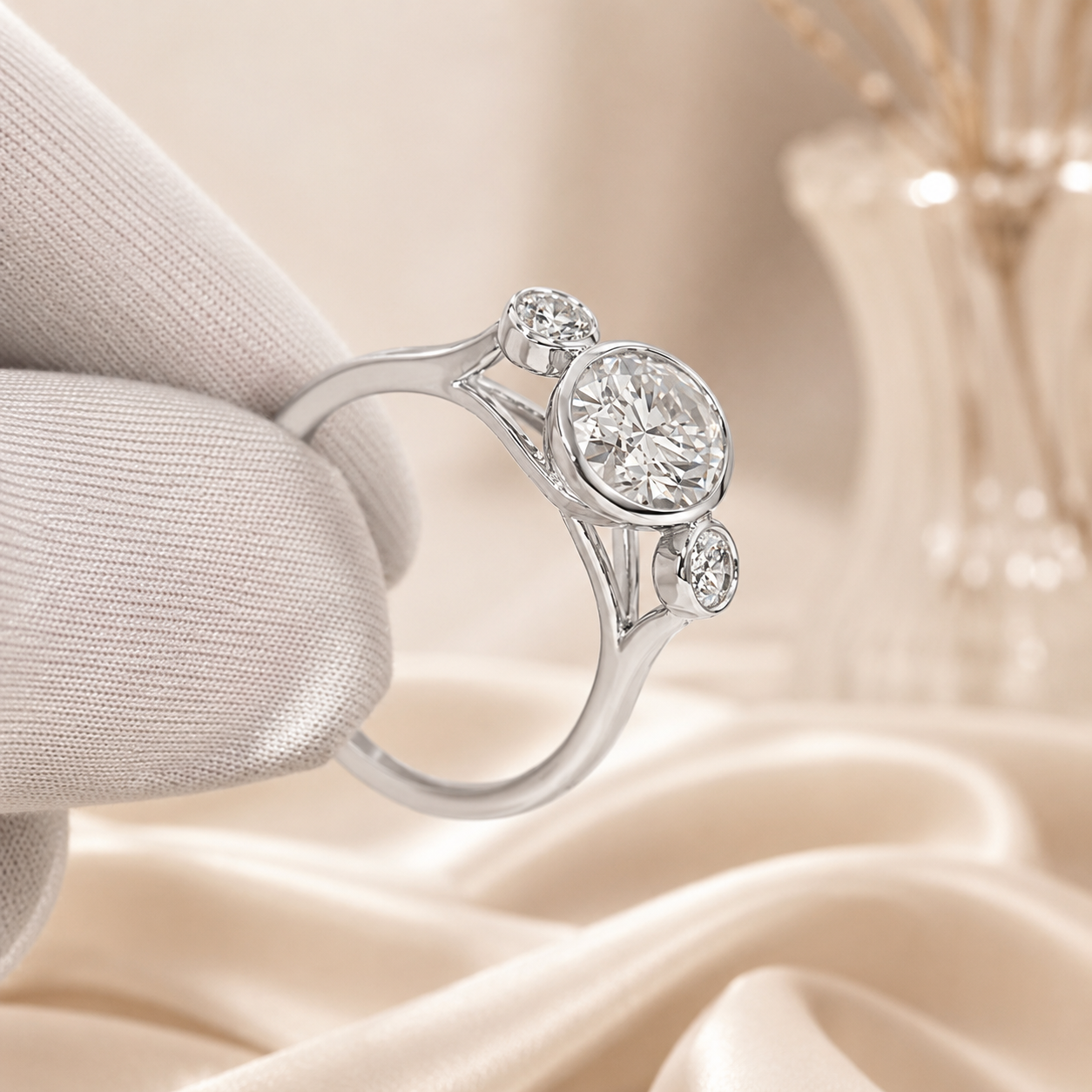 2.00 CT Oval Cut Lab-Grown Diamond Three-Stone Engagement Ring in 14K White Gold – Bezel Set Trilogy Design