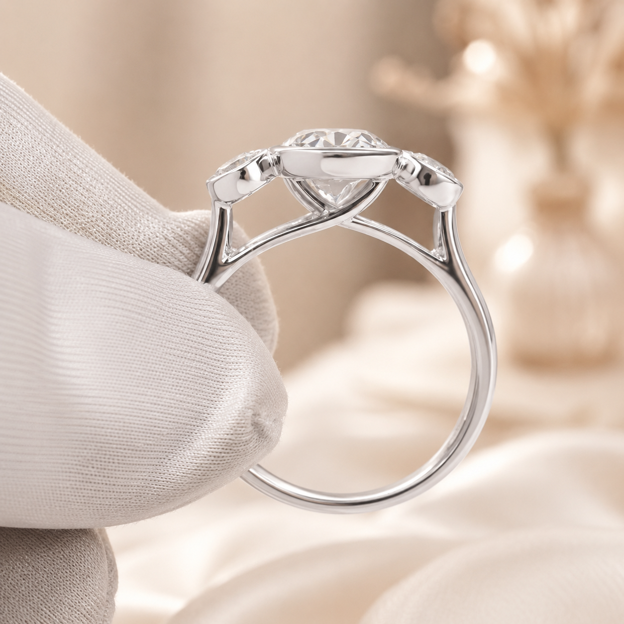 2.00 CT Oval Cut Lab-Grown Diamond Three-Stone Engagement Ring in 14K White Gold – Bezel Set Trilogy Design