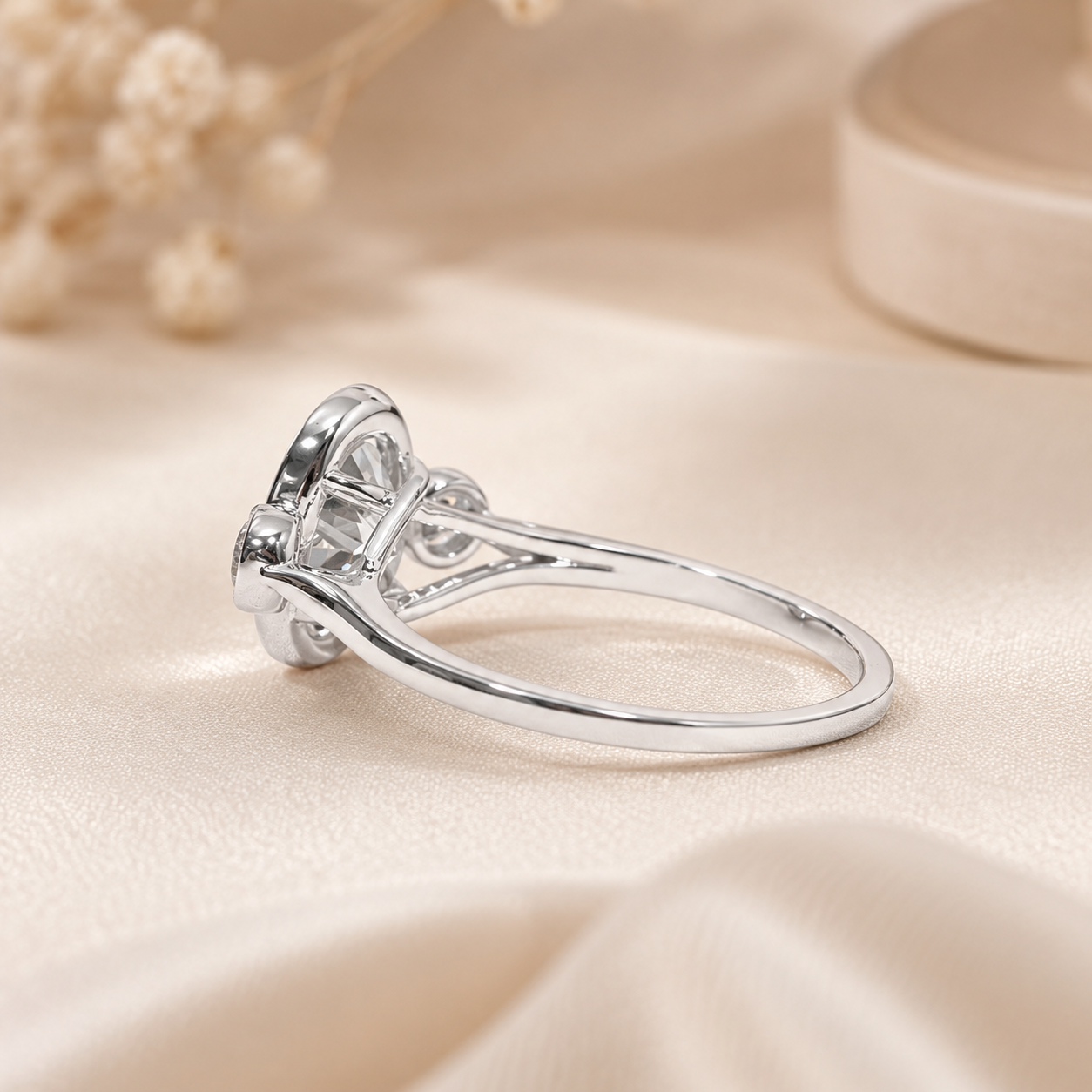 2.00 CT Oval Cut Lab-Grown Diamond Three-Stone Engagement Ring in 14K White Gold – Bezel Set Trilogy Design