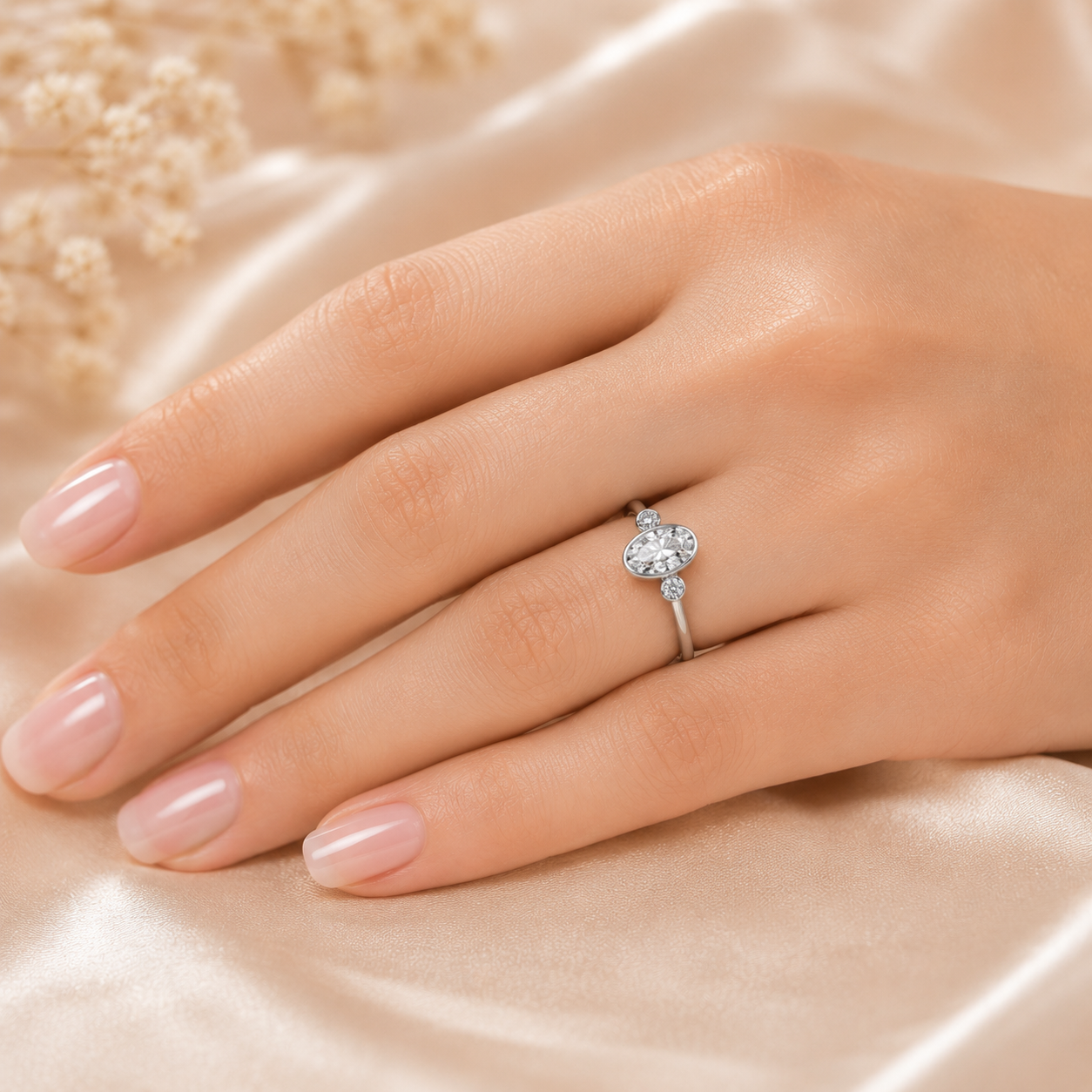 2.00 CT Oval Cut Lab-Grown Diamond Three-Stone Engagement Ring in 14K White Gold – Bezel Set Trilogy Design