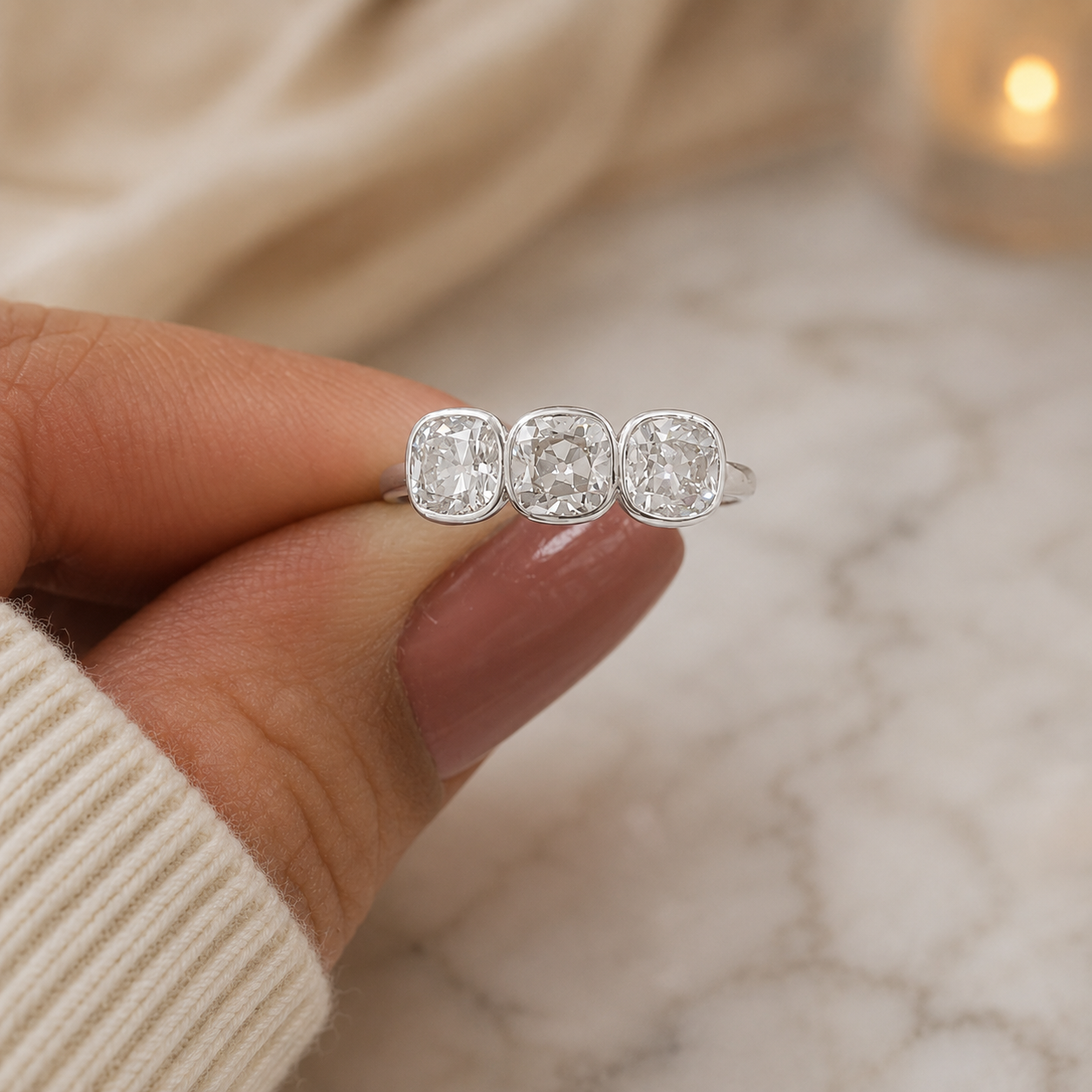 2.00 CT Old European Cushion Cut Lab-Grown Diamond Three-Stone Engagement Ring in 14K White Gold – Handmade Vintage Wedding Design