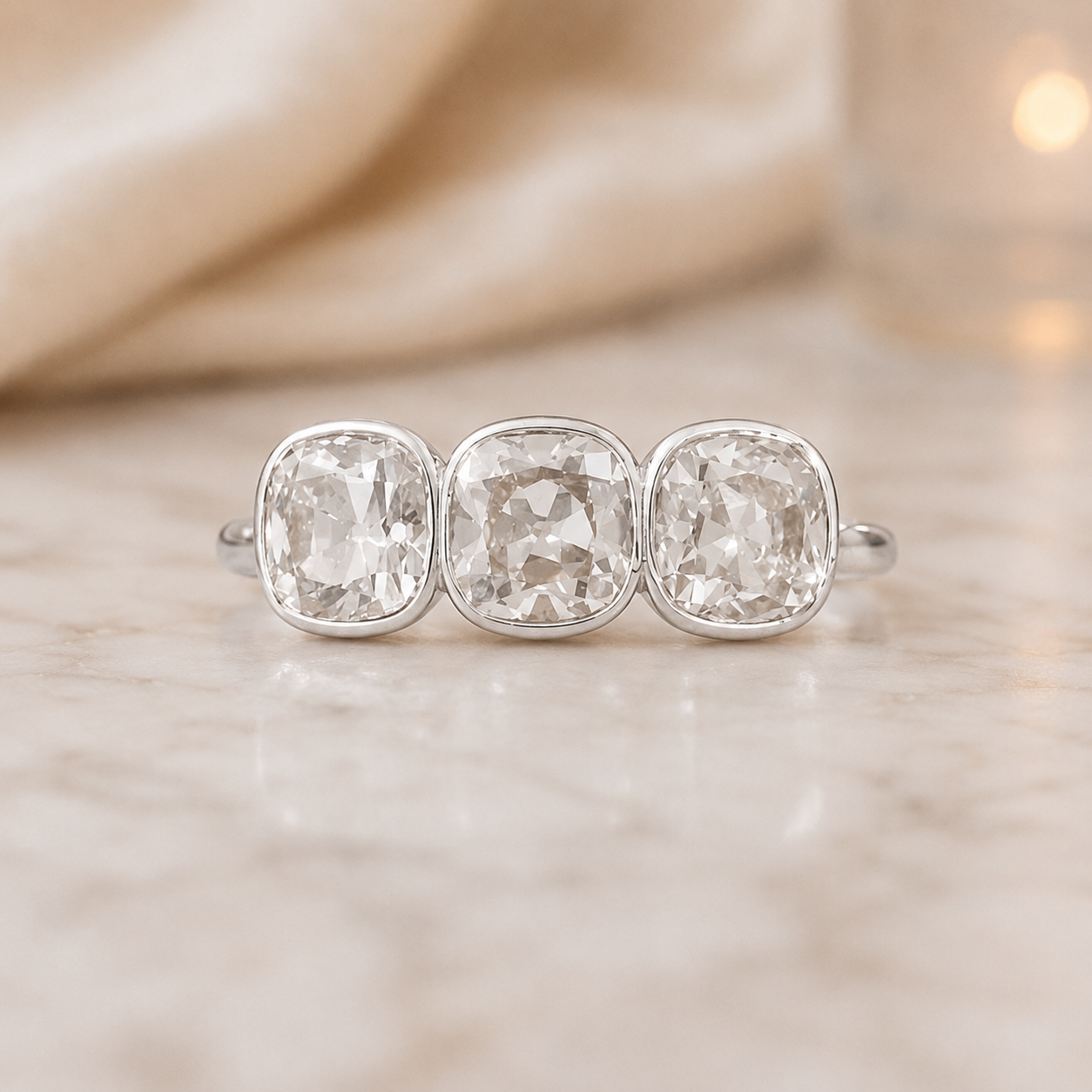 2.00 CT Old European Cushion Cut Lab-Grown Diamond Three-Stone Engagement Ring in 14K White Gold – Handmade Vintage Wedding Design