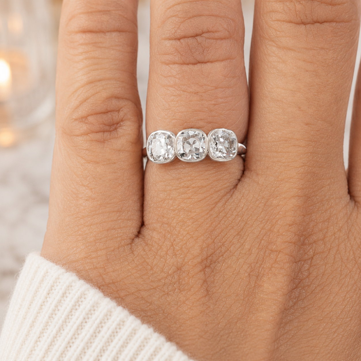 2.00 CT Old European Cushion Cut Lab-Grown Diamond Three-Stone Engagement Ring in 14K White Gold – Handmade Vintage Wedding Design