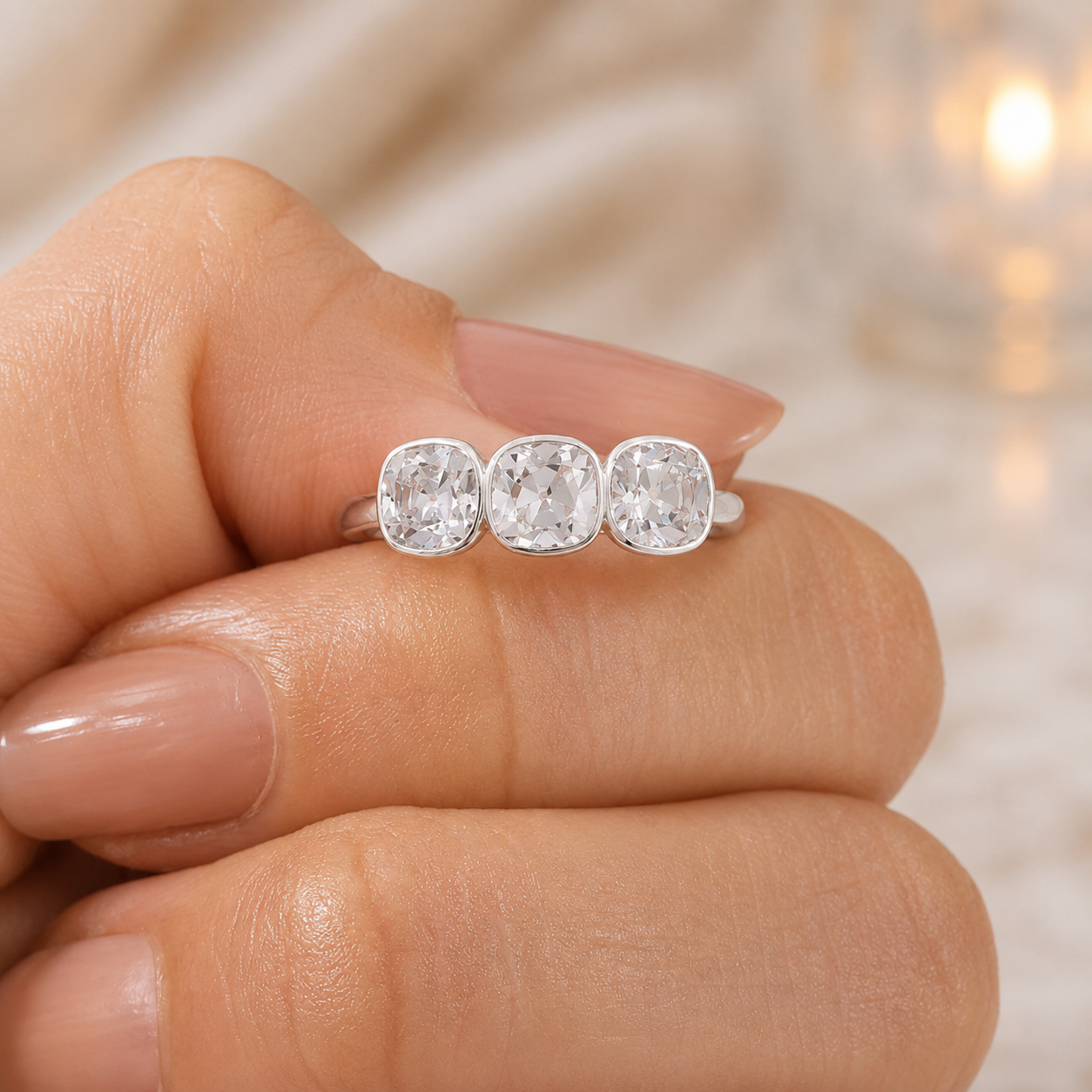 2.00 CT Old European Cushion Cut Lab-Grown Diamond Three-Stone Engagement Ring in 14K White Gold – Handmade Vintage Wedding Design