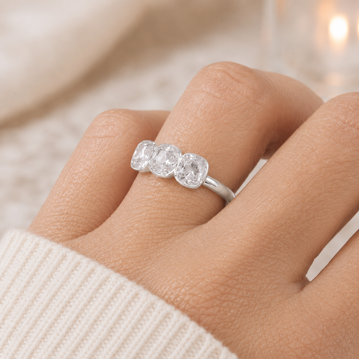 2.00 CT Old European Cushion Cut Lab-Grown Diamond Three-Stone Engagement Ring in 14K White Gold – Handmade Vintage Wedding Design