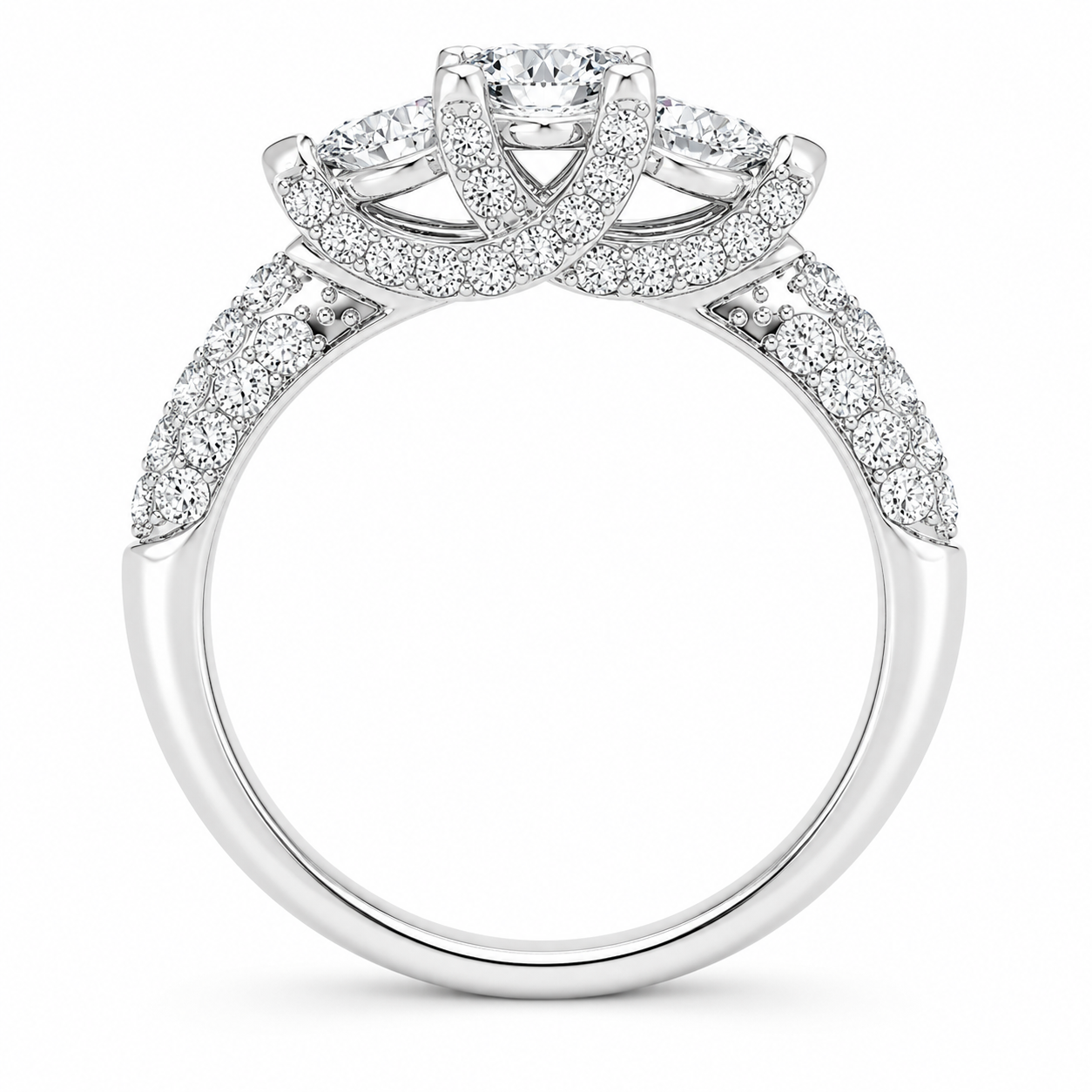 2.00 CT Lab-Grown Diamond Three-Stone Engagement Ring in 14K White Gold – Pavé Set Anniversary Design