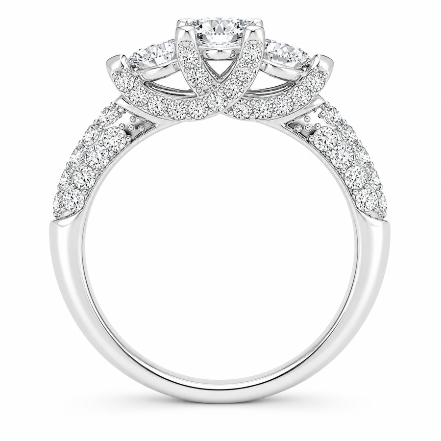 2.00 CT Lab-Grown Diamond Three-Stone Engagement Ring in 14K White Gold – Pavé Set Anniversary Design