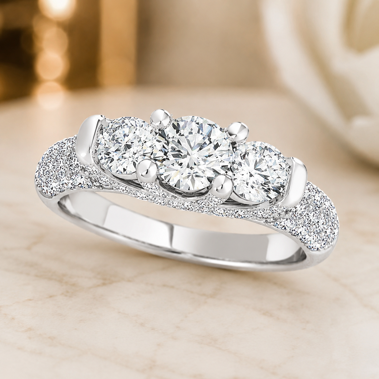 2.00 CT Lab-Grown Diamond Three-Stone Engagement Ring in 14K White Gold – Pavé Set Anniversary Design