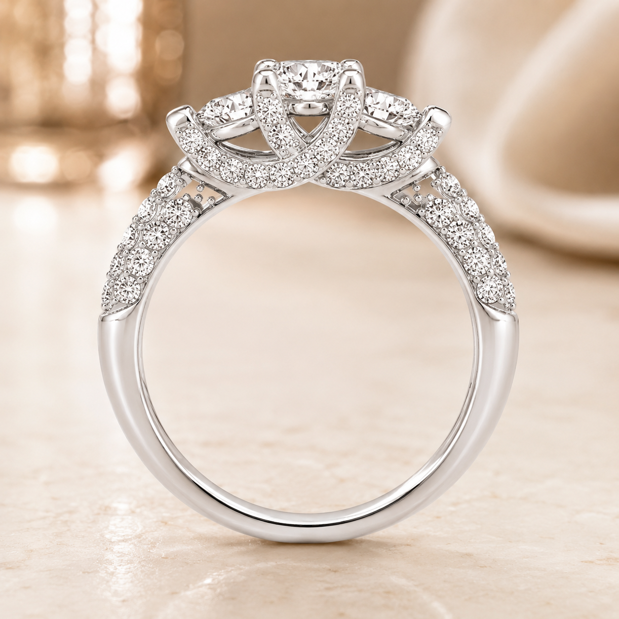 2.00 CT Lab-Grown Diamond Three-Stone Engagement Ring in 14K White Gold – Pavé Set Anniversary Design