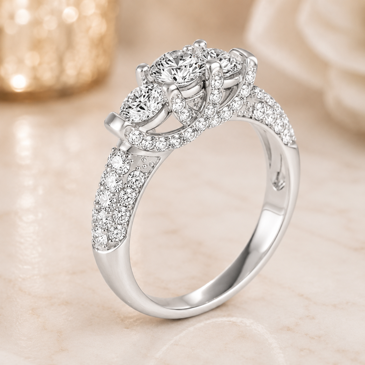 2.00 CT Lab-Grown Diamond Three-Stone Engagement Ring in 14K White Gold – Pavé Set Anniversary Design