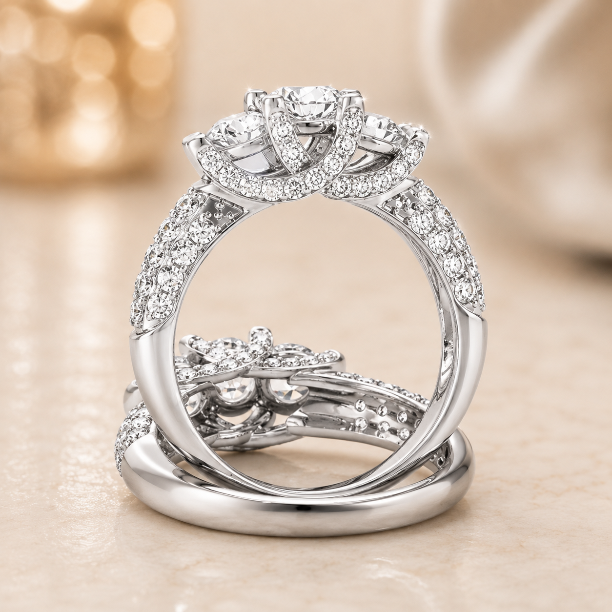 2.00 CT Lab-Grown Diamond Three-Stone Engagement Ring in 14K White Gold – Pavé Set Anniversary Design