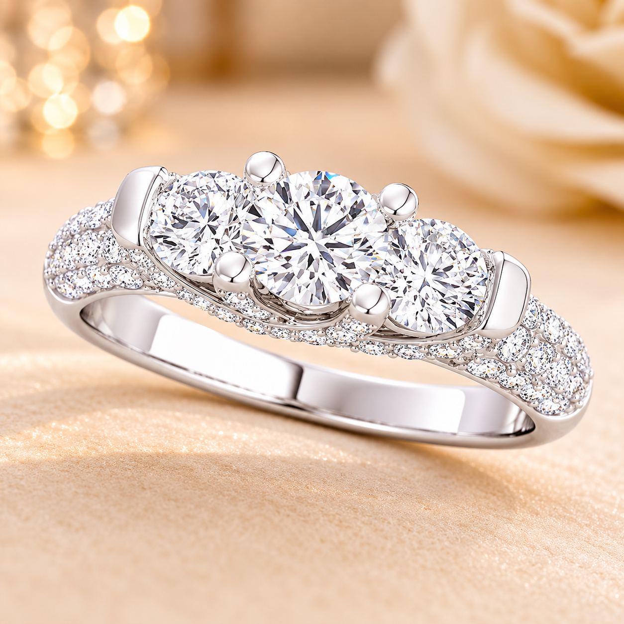 2.00 CT Lab-Grown Diamond Three-Stone Engagement Ring in 14K White Gold – Pavé Set Anniversary Design