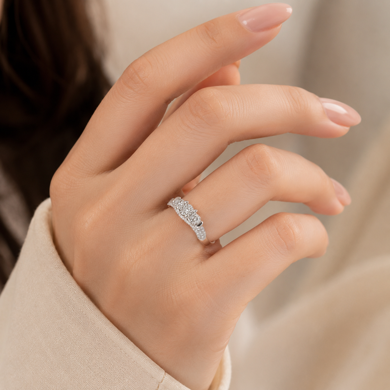 2.00 CT Lab-Grown Diamond Three-Stone Engagement Ring in 14K White Gold – Pavé Set Anniversary Design