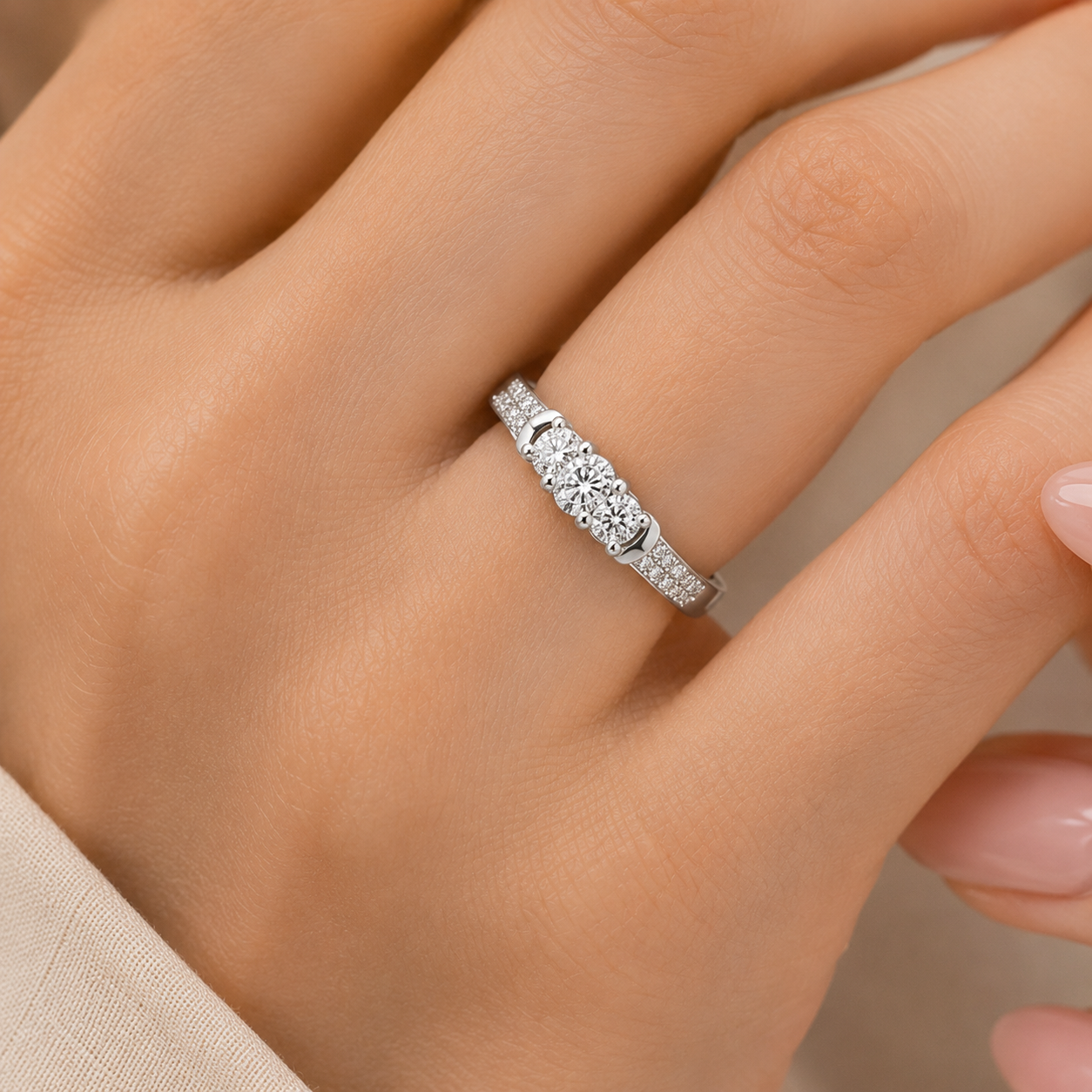 2.00 CT Lab-Grown Diamond Three-Stone Engagement Ring in 14K White Gold – Pavé Set Anniversary Design