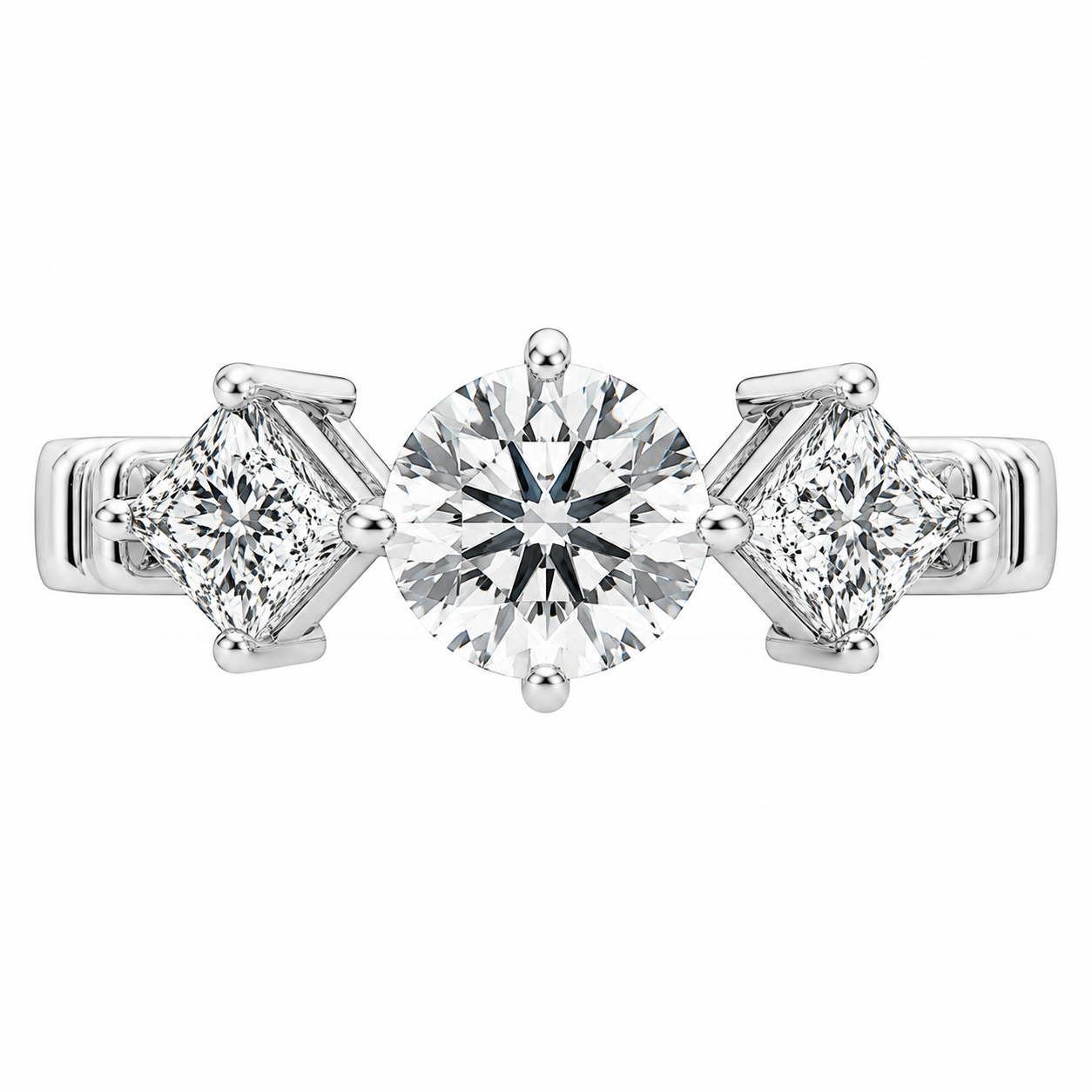 1.00 CT Round Lab-Grown Diamond Three-Stone Engagement Ring in 14K White Gold – Princess Side Stone Elegant Design