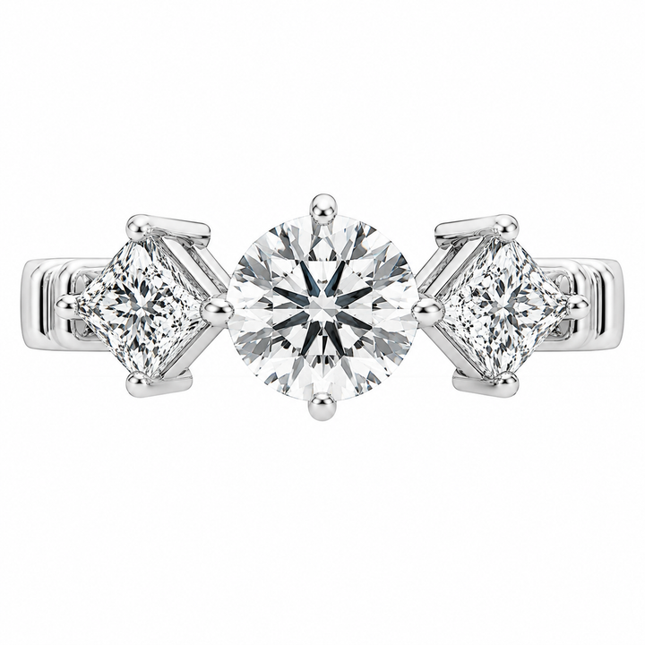 1.00 CT Round Lab-Grown Diamond Three-Stone Engagement Ring in 14K White Gold â€“ Princess Side Stone Elegant Design from Diamond Studio