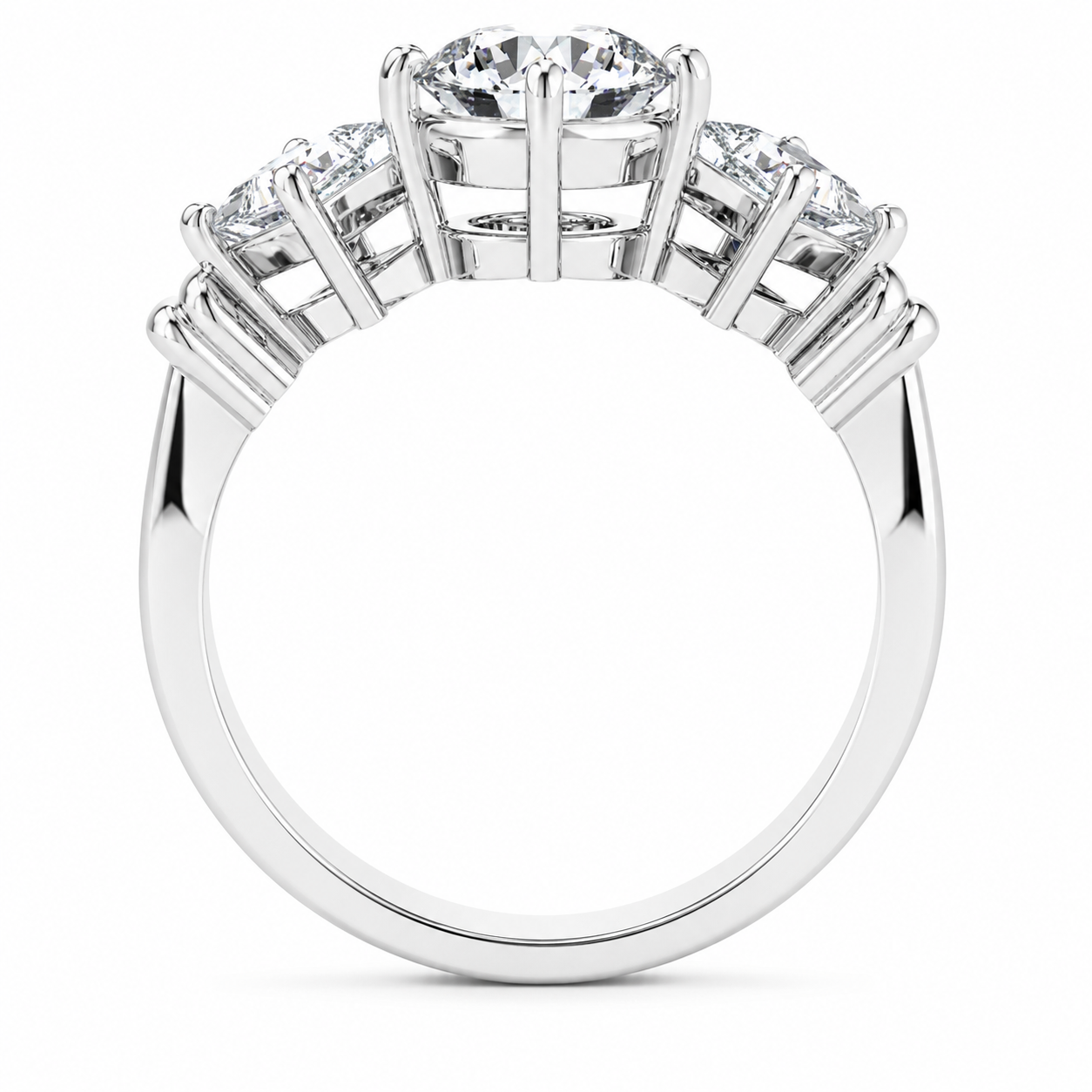 1.00 CT Round Lab-Grown Diamond Three-Stone Engagement Ring in 14K White Gold – Princess Side Stone Elegant Design
