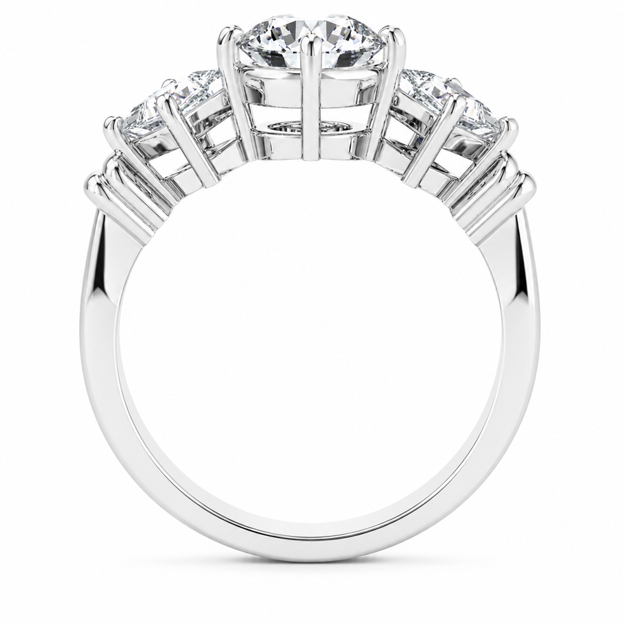 1.00 CT Round Lab-Grown Diamond Three-Stone Engagement Ring in 14K White Gold – Princess Side Stone Elegant Design