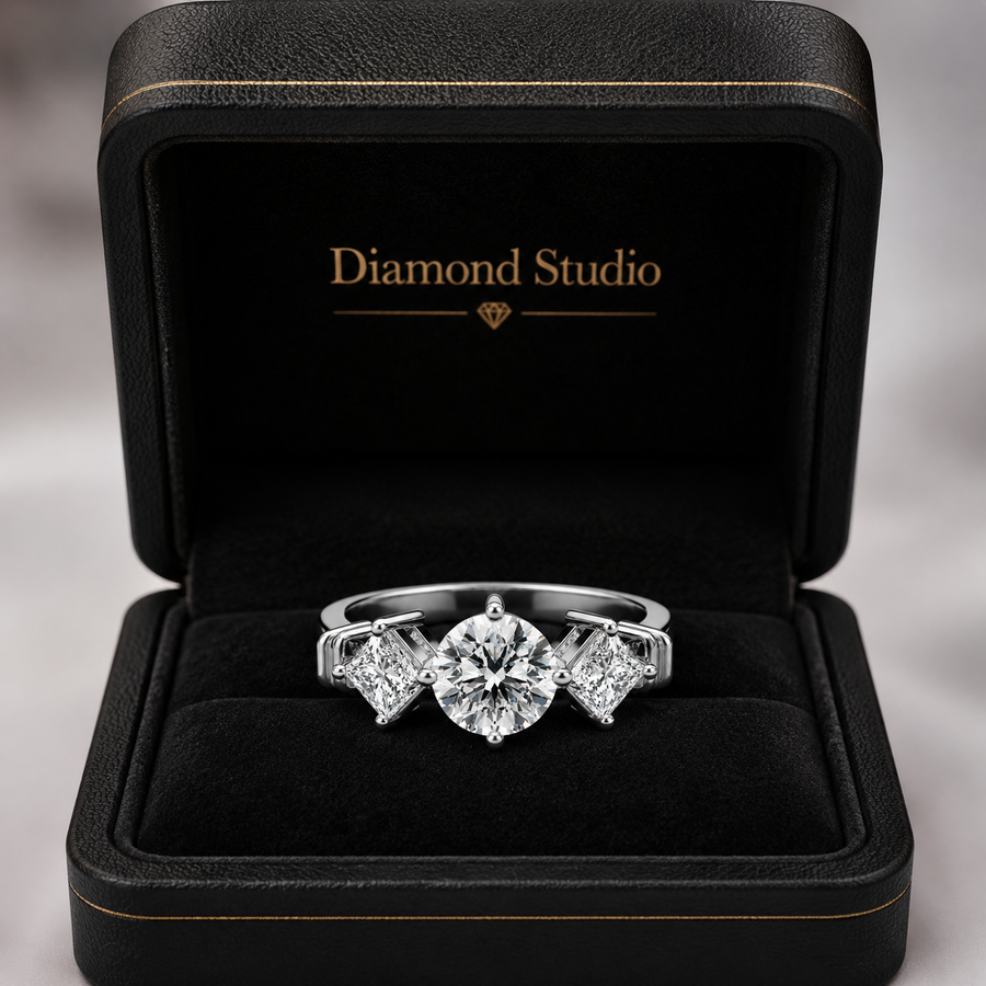 1.00 CT Round Lab-Grown Diamond Three-Stone Engagement Ring in 14K White Gold – Princess Side Stone Elegant Design