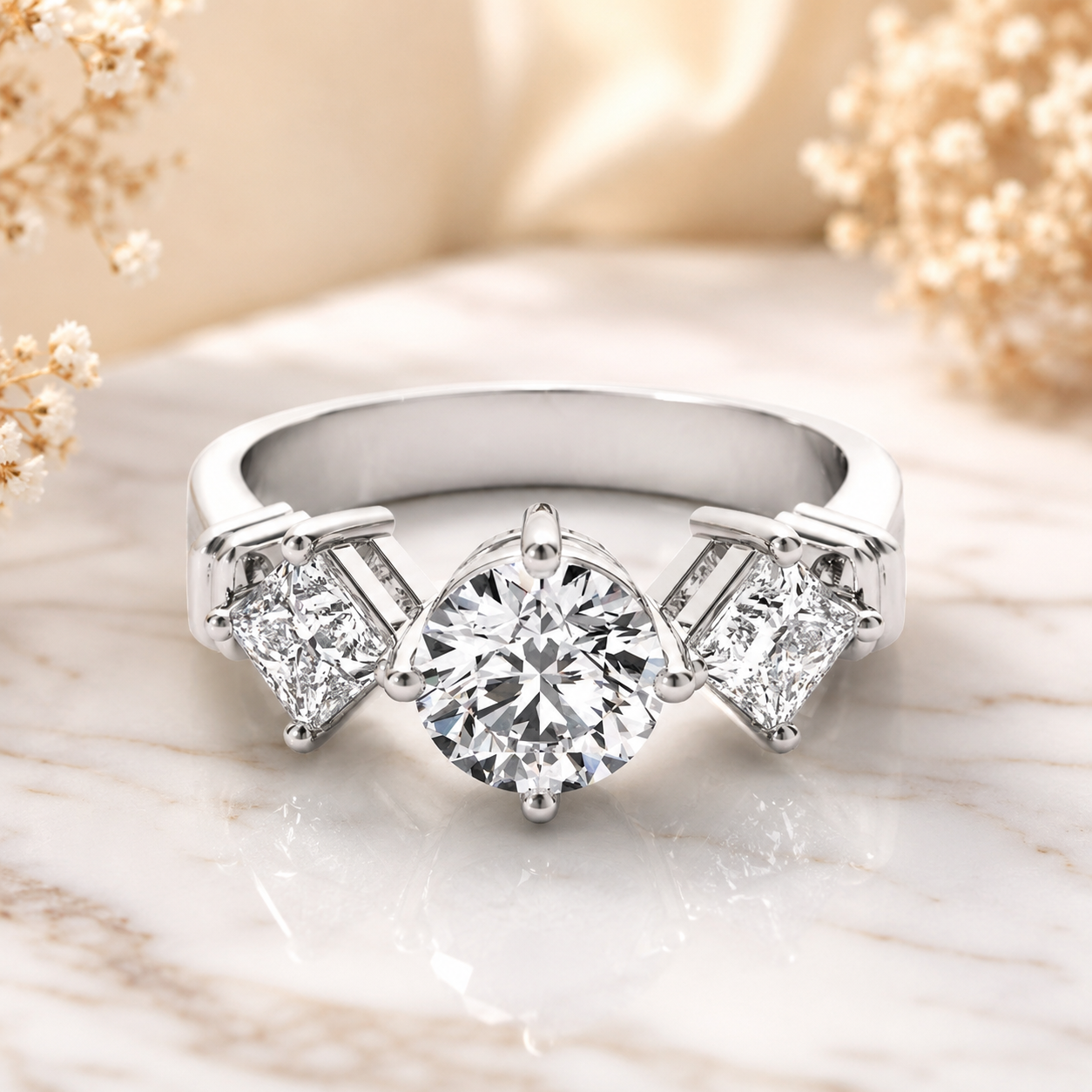 1.00 CT Round Lab-Grown Diamond Three-Stone Engagement Ring in 14K White Gold – Princess Side Stone Elegant Design