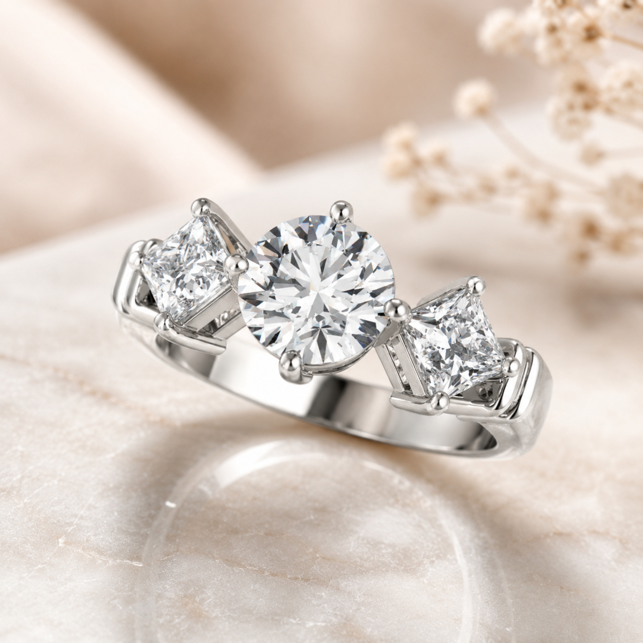 1.00 CT Round Lab-Grown Diamond Three-Stone Engagement Ring in 14K White Gold – Princess Side Stone Elegant Design
