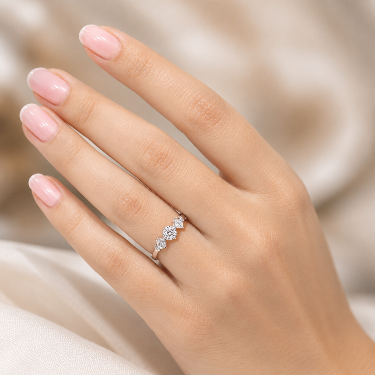 1.00 CT Round Lab-Grown Diamond Three-Stone Engagement Ring in 14K White Gold – Princess Side Stone Elegant Design