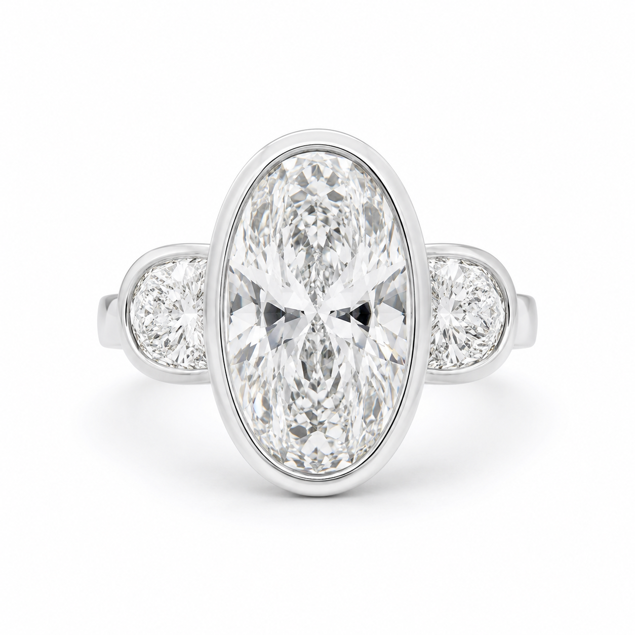 3.50 CT Elongated Oval Cut Lab-Grown Diamond Three-Stone Engagement Ring in 14K White Gold – Full Bezel Trilogy Design