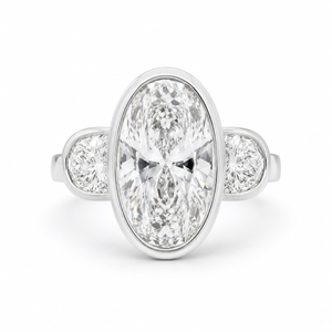 3.50 CT Elongated Oval Cut Lab-Grown Diamond Three-Stone Engagement Ring in 14K White Gold – Full Bezel Trilogy Design